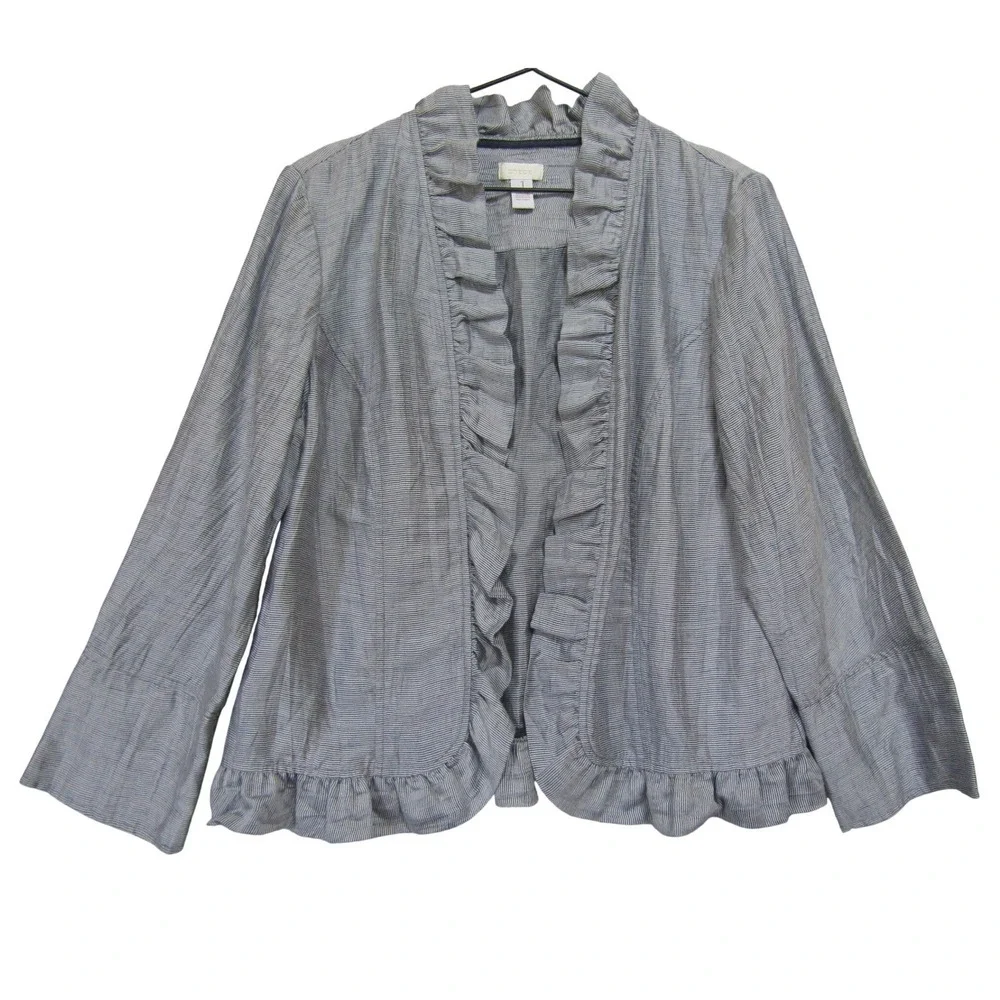 Chico's Ruffle Open Front Blazer Womens Medium Blue White Linen Blend Good‎
